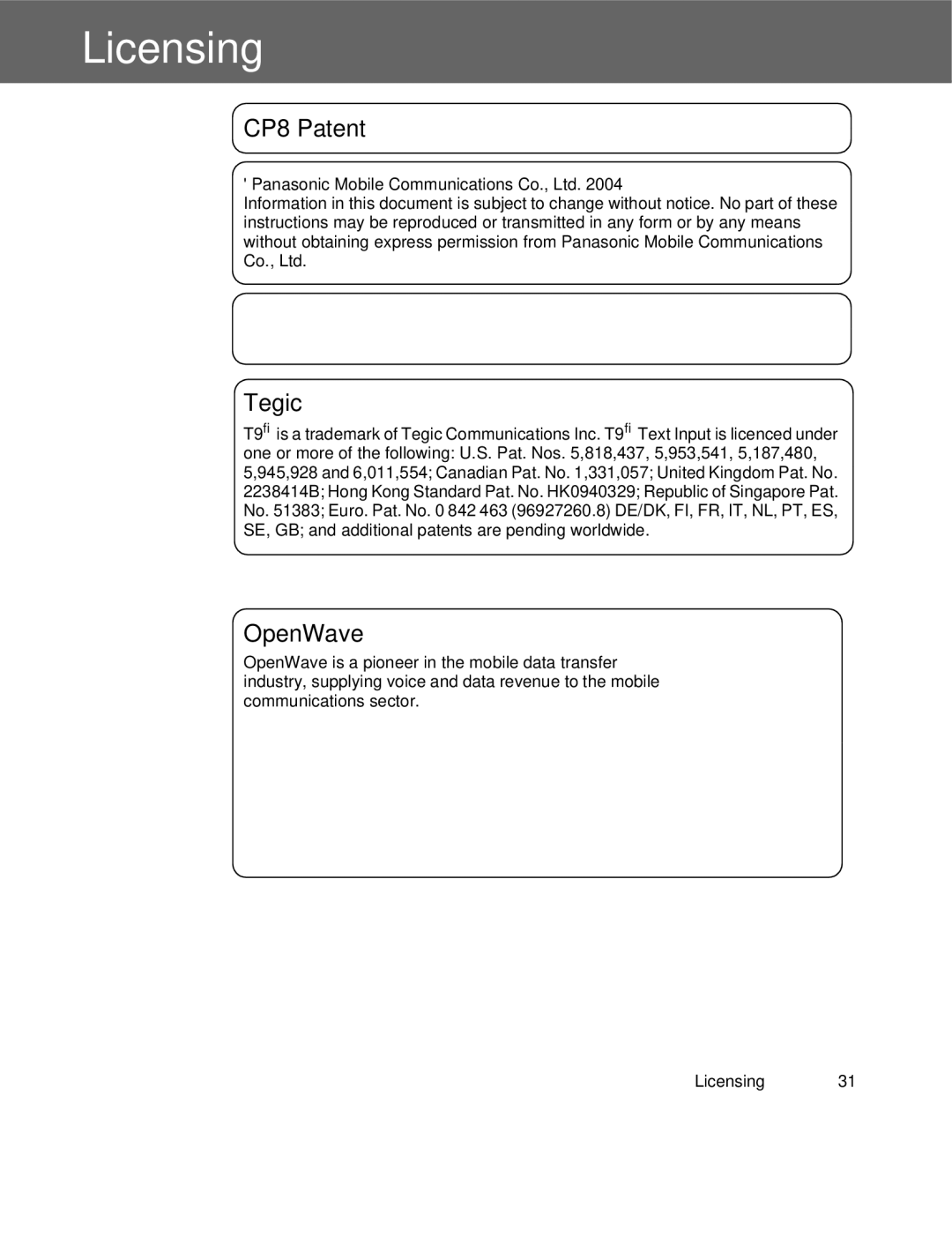 Panasonic EB-X300 manual Licensing, CP8 Patent Tegic 