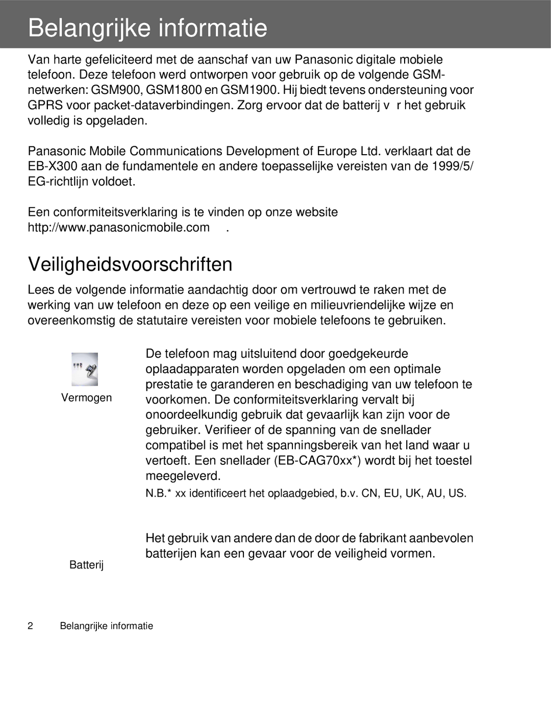 Panasonic EB-X300 manual Belangrijke informatie, Veiligheidsvoorschriften 