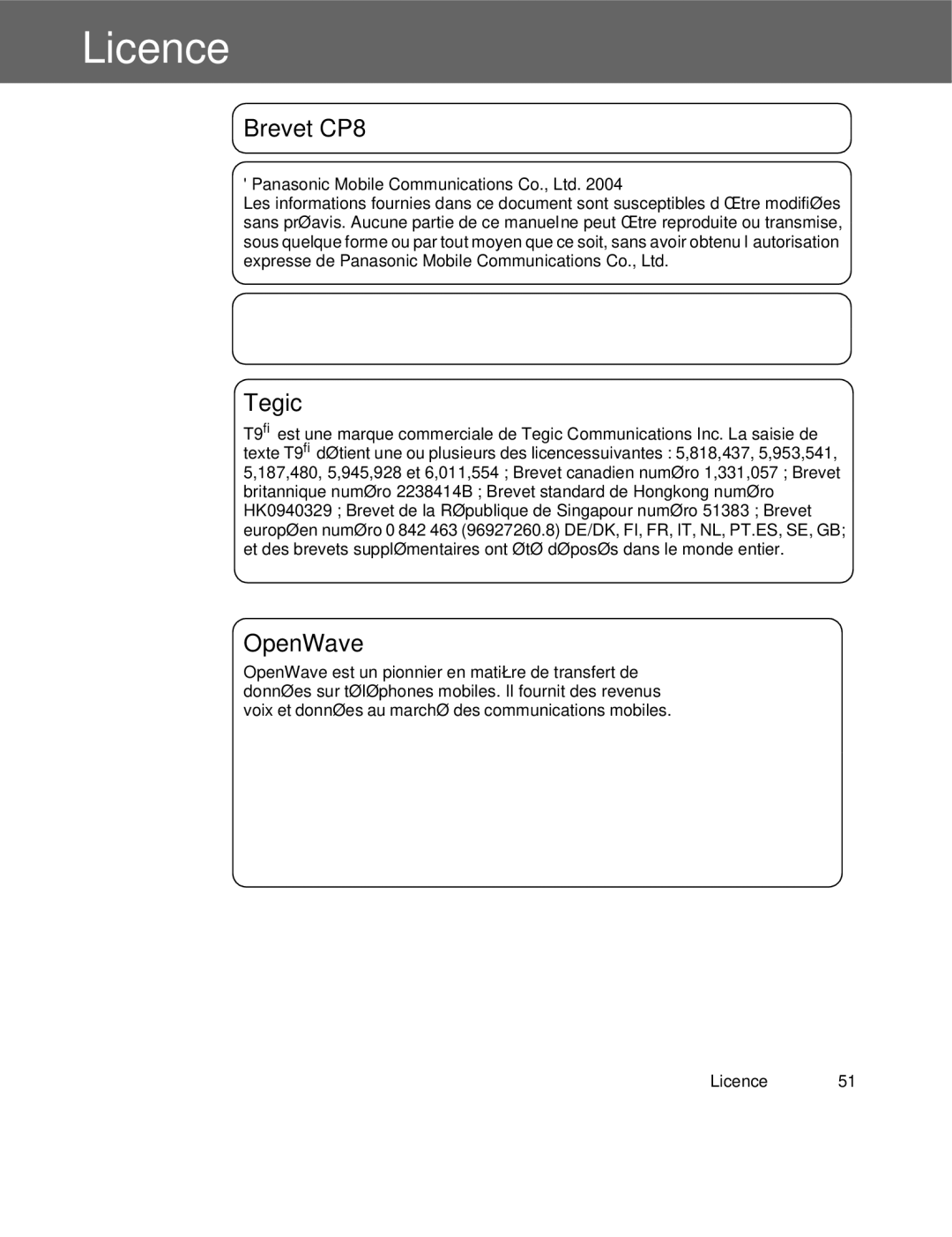 Panasonic EB-X300 manual Licence, Brevet CP8 Tegic 