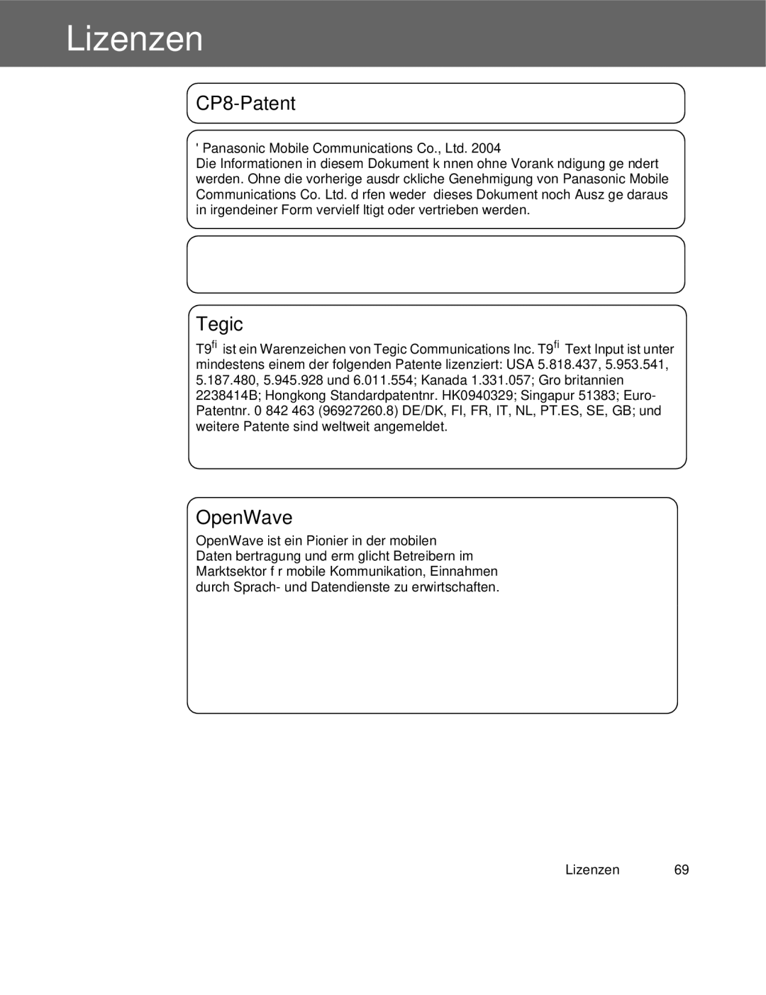 Panasonic EB-X300 manual Lizenzen, CP8-Patent Tegic 