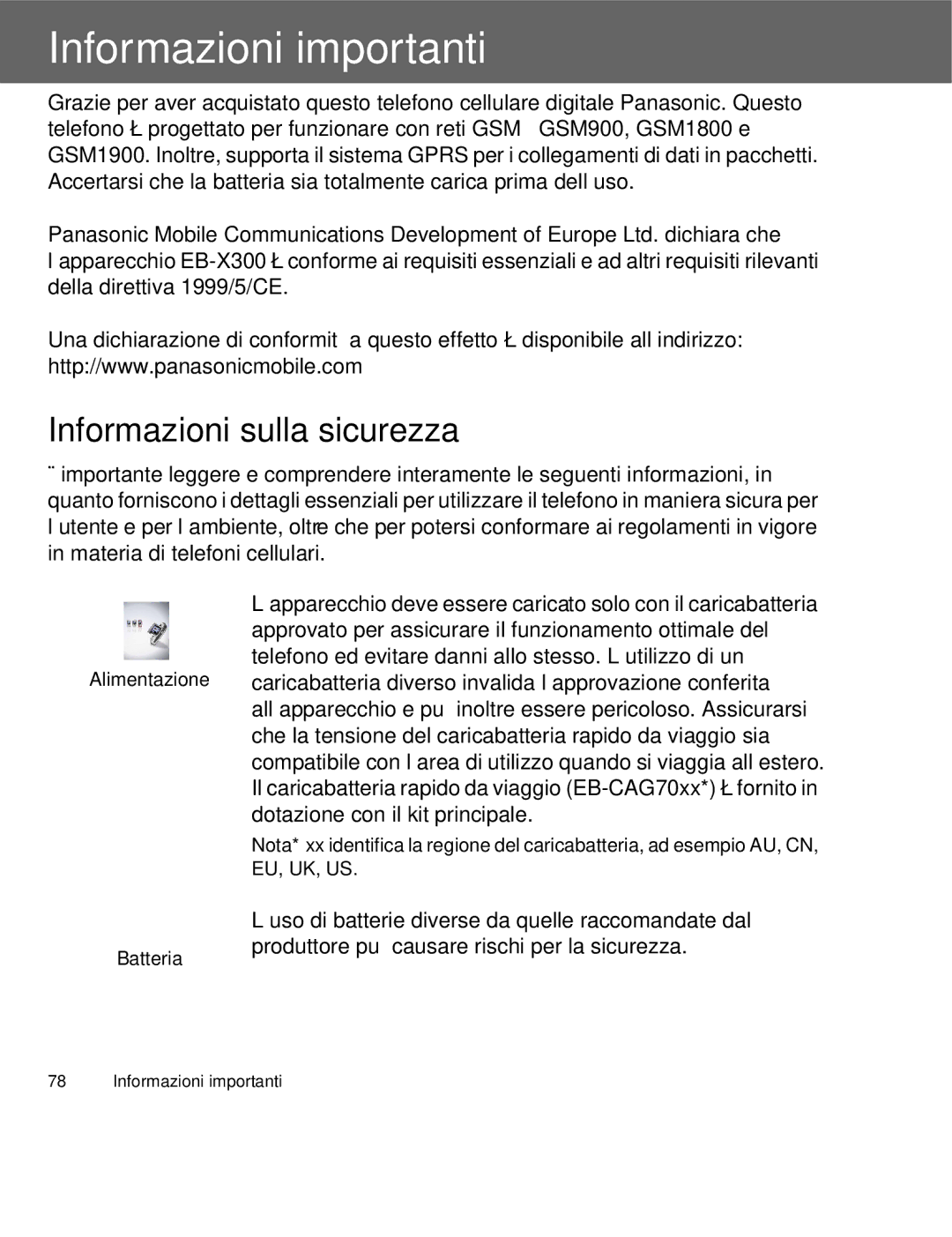 Panasonic EB-X300 Informazioni importanti, Informazioni sulla sicurezza, Produttore può causare rischi per la sicurezza 