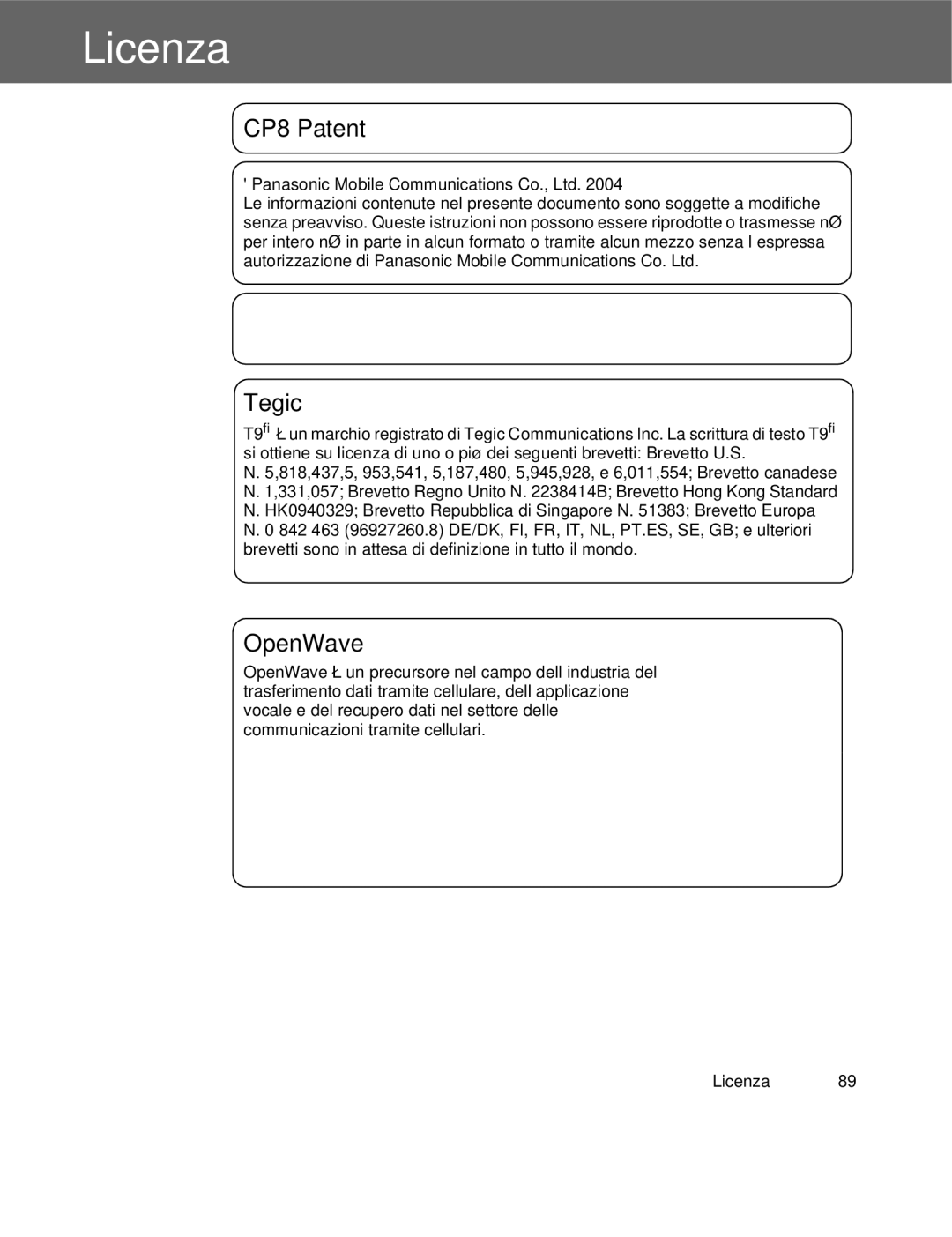 Panasonic EB-X300 manual Licenza 