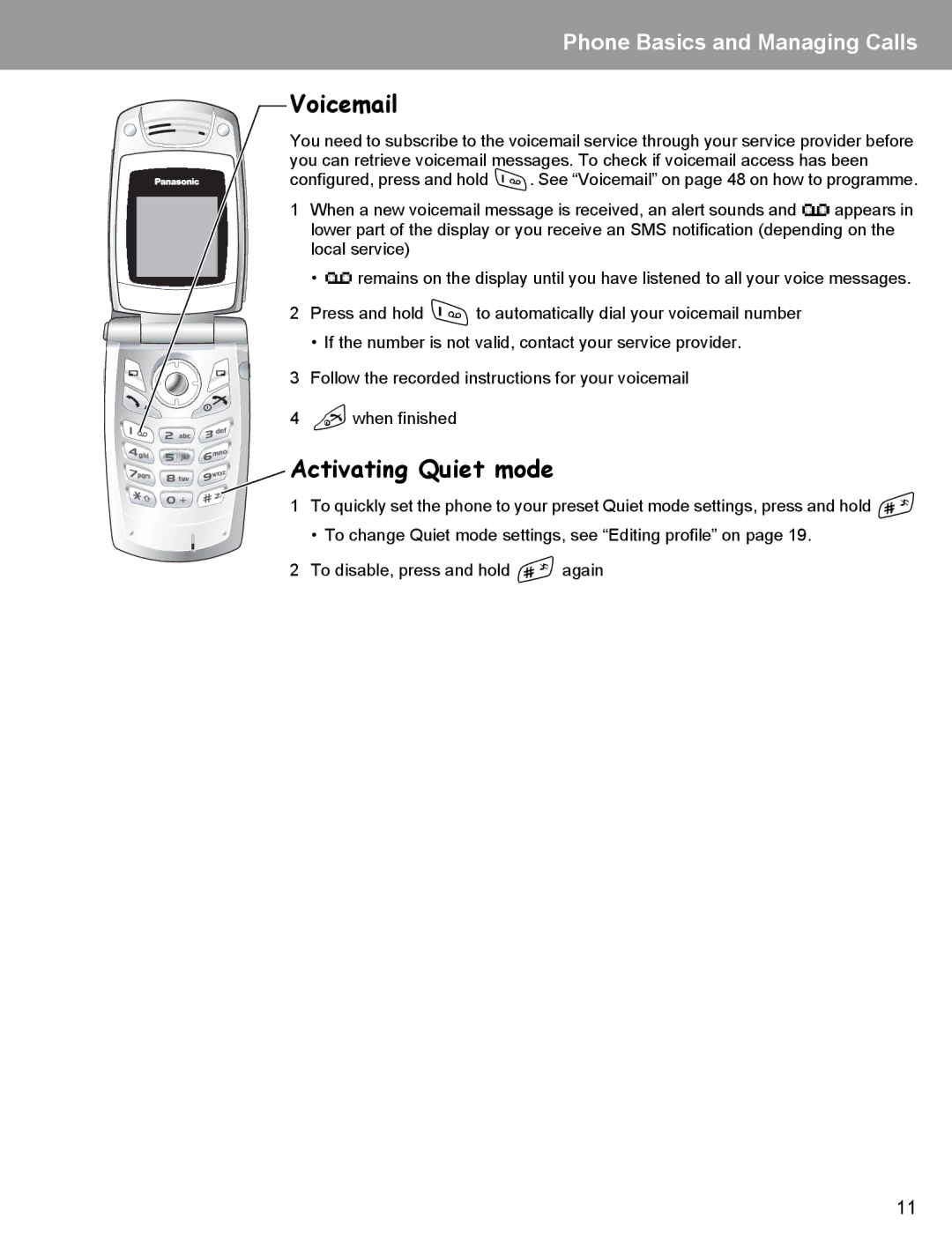 Panasonic EB-X400 operating instructions Voicemail, Activating Quiet mode 