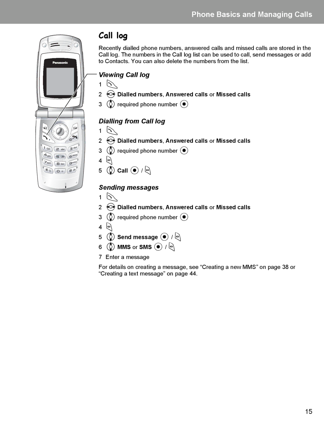 Panasonic EB-X400 operating instructions Viewing Call log, Dialling from Call log, Sending messages, 4Send message / a 