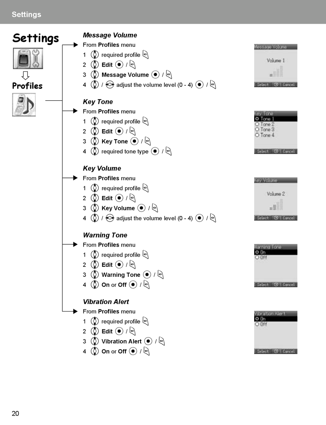 Panasonic EB-X400 operating instructions Profiles, Message Volume, Key Tone, Key Volume, Vibration Alert 