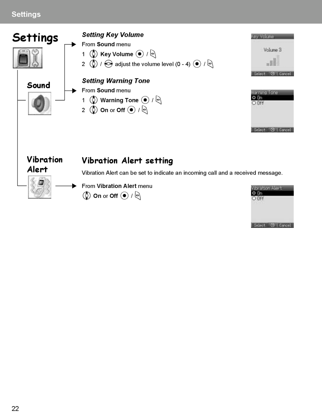 Panasonic EB-X400 Sound Vibration Alert, Vibration Alert setting, Setting Key Volume, Setting Warning Tone 