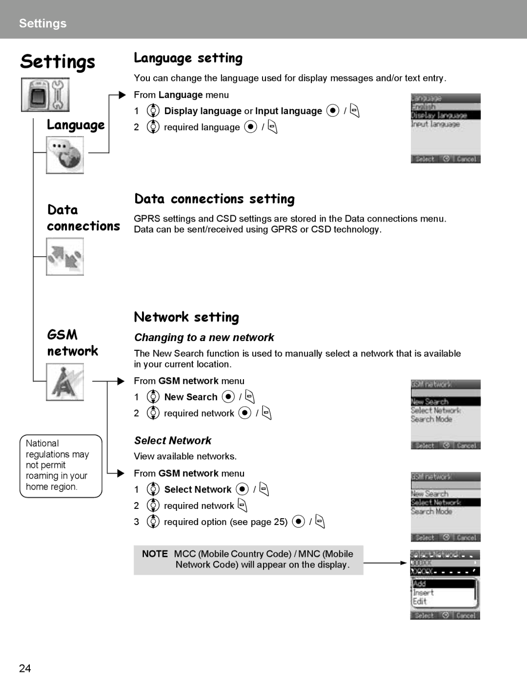 Panasonic EB-X400 Language Data connections GSM network, Language setting, Data connections setting, Network setting 