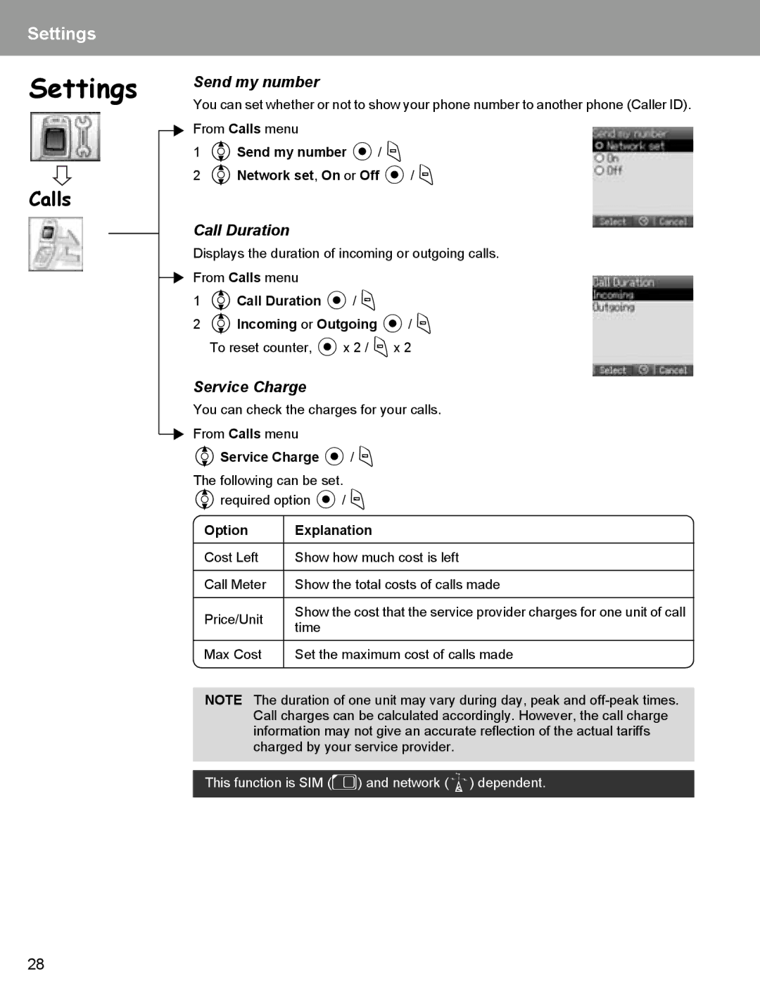 Panasonic EB-X400 Call Duration, 4Send my number / a 4Network set, On or Off / a, 4Service Charge / a 