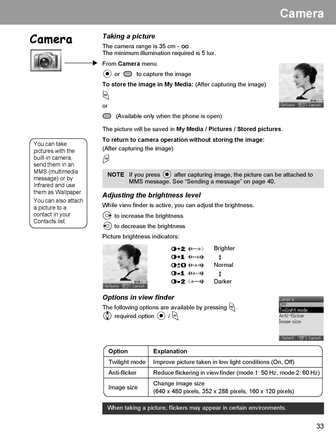 Panasonic EB-X400 operating instructions Camera, Taking a picture, Adjusting the brightness level, Options in view finder 