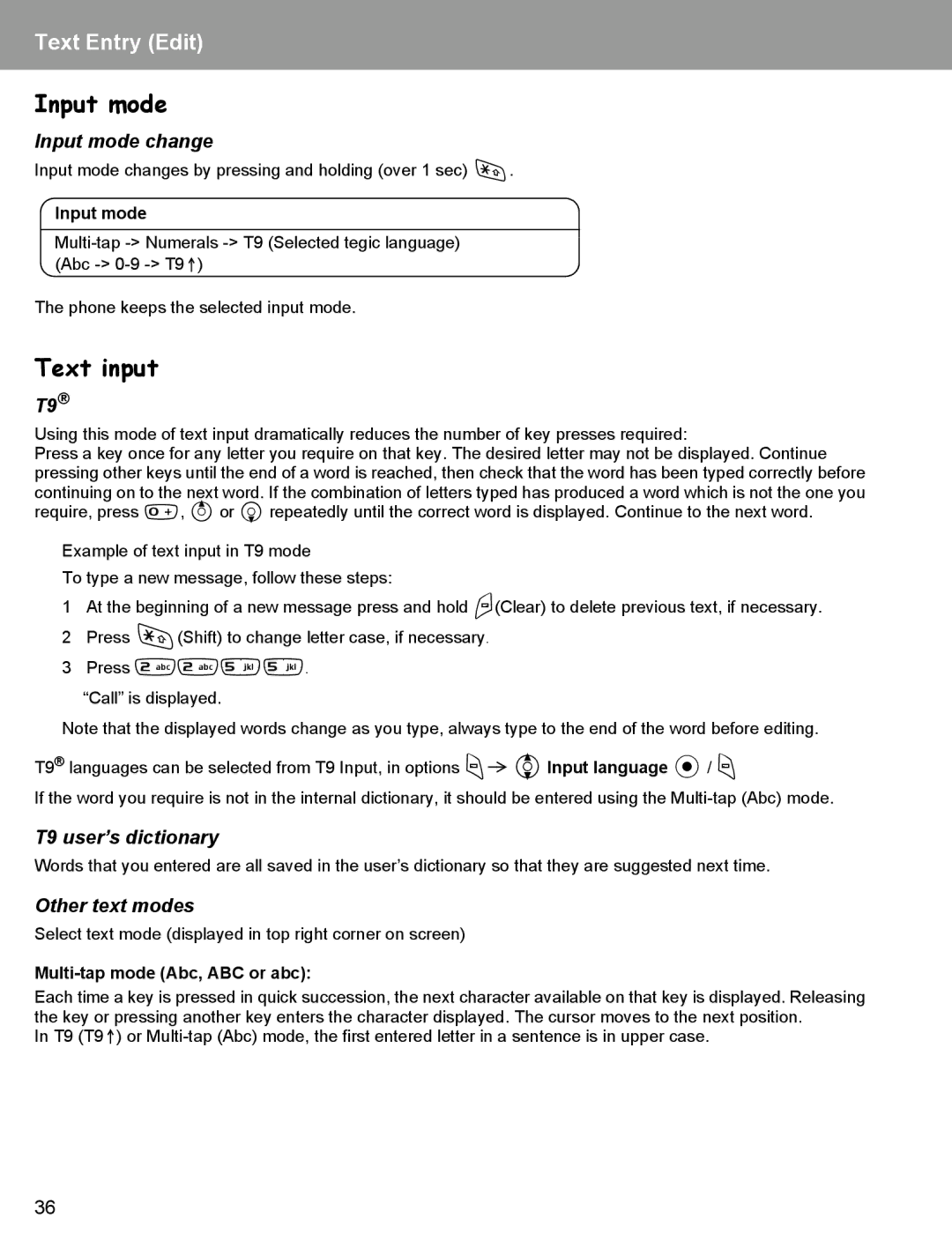 Panasonic EB-X400 operating instructions Text input, Input mode change, T9 user’s dictionary, Other text modes 