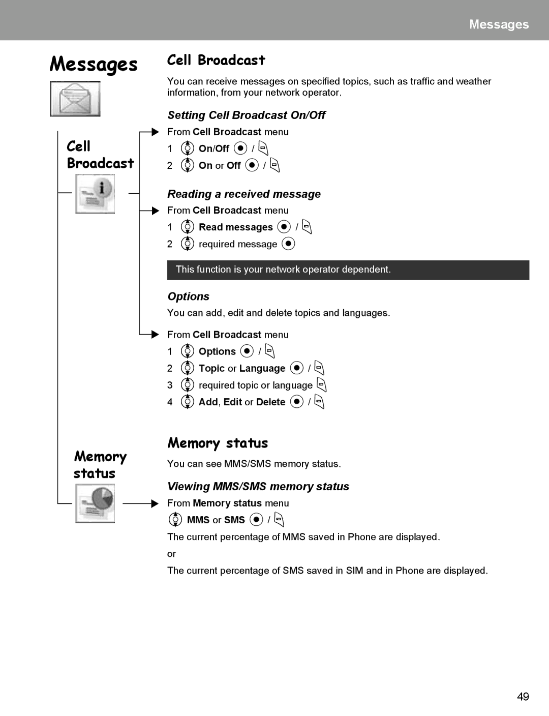 Panasonic EB-X400 operating instructions Cell Broadcast, Memory Memory status, Status 