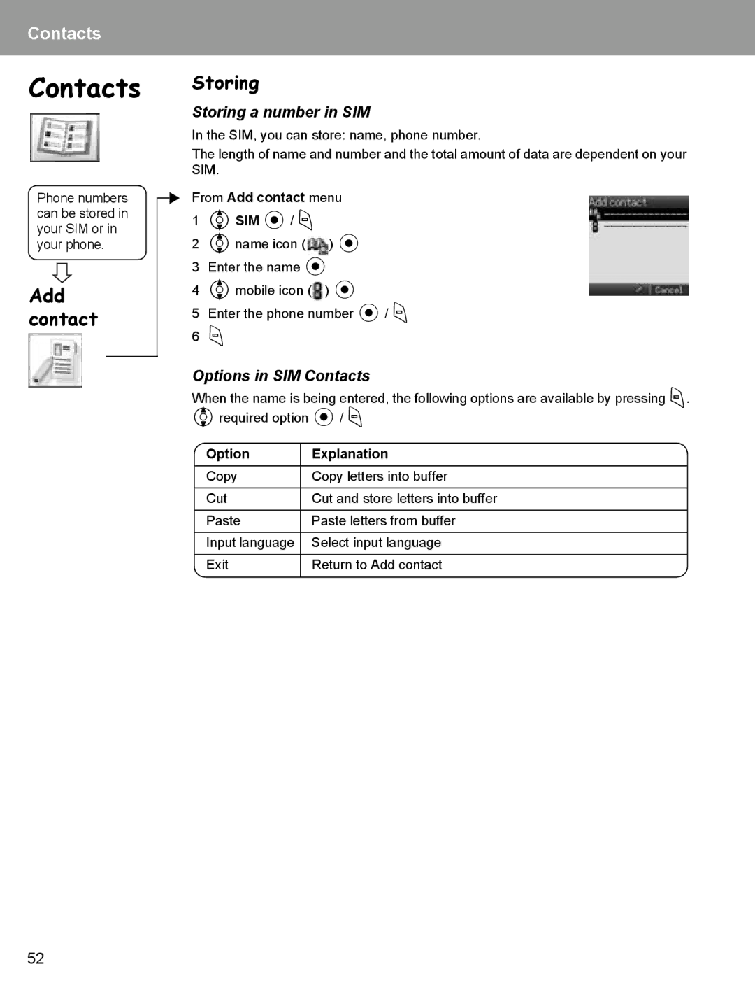 Panasonic EB-X400 Add contact Storing, Storing a number in SIM, Options in SIM Contacts, From Add contact menu 