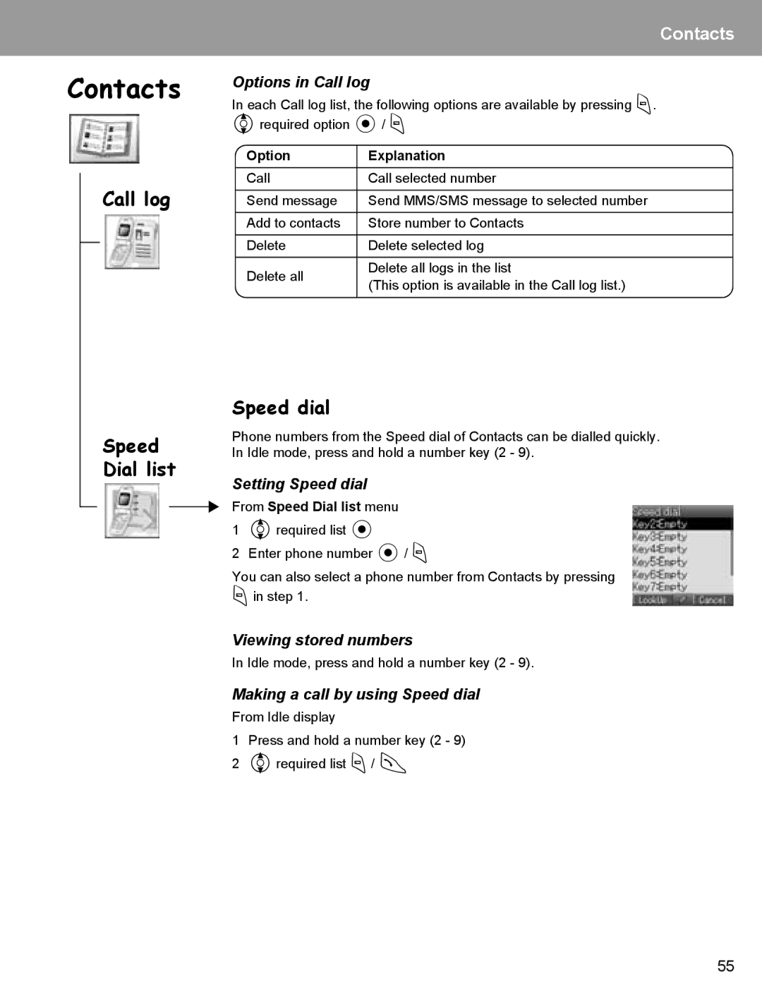 Panasonic EB-X400 operating instructions Call log Speed Dial list, Setting Speed dial, Viewing stored numbers 