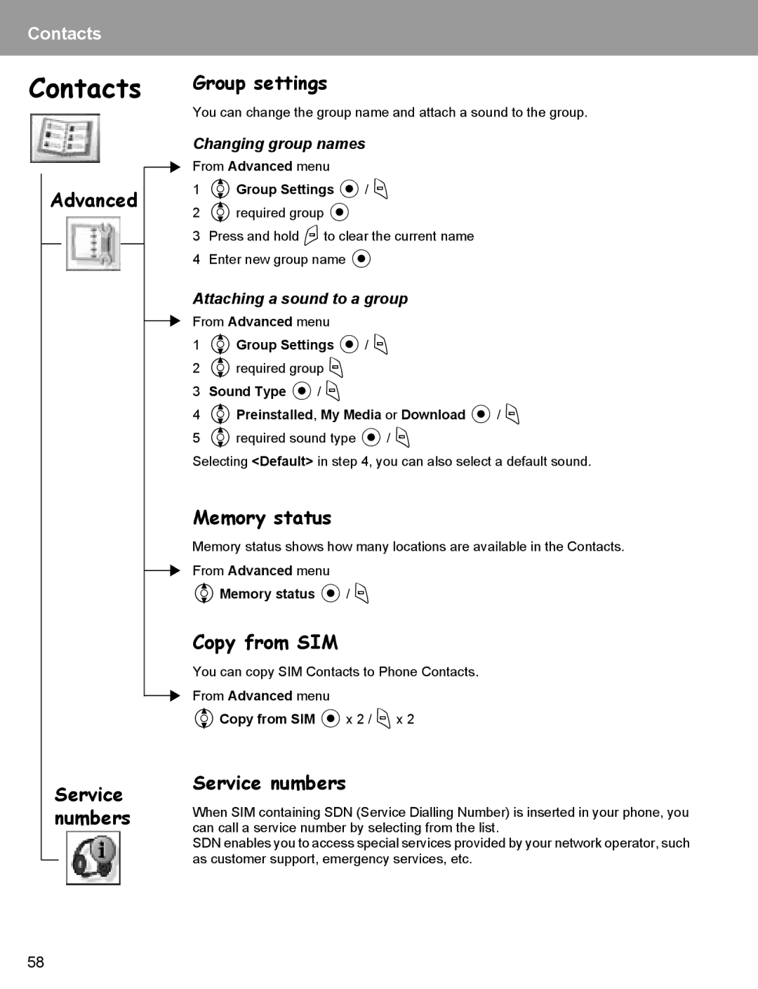 Panasonic EB-X400 operating instructions Advanced Service numbers Group settings, Copy from SIM, Changing group names 