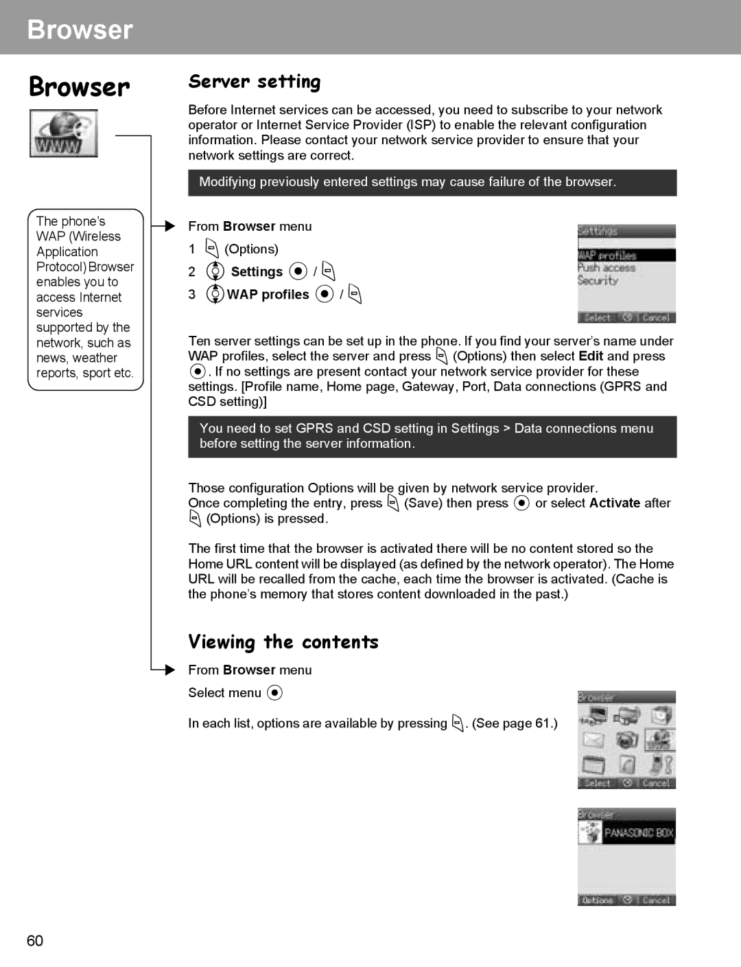 Panasonic EB-X400 operating instructions Browser, Server setting, Viewing the contents, 4Settings / a 4WAP profiles / a 