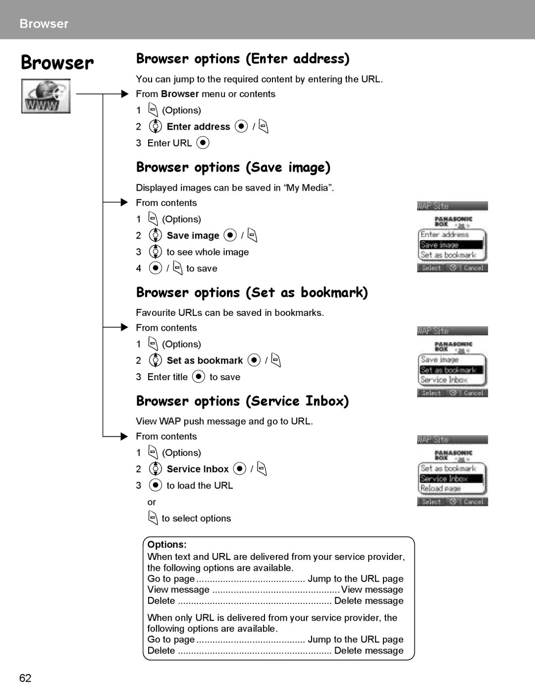 Panasonic EB-X400 Browser options Enter address, Browser options Save image, Browser options Set as bookmark 