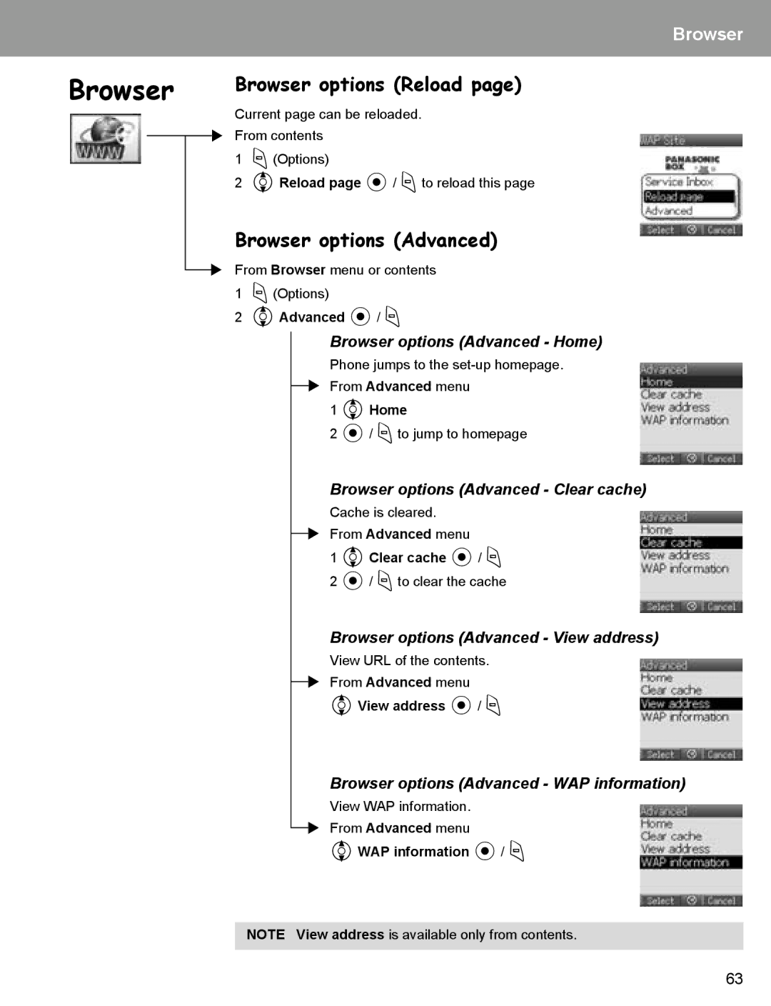 Panasonic EB-X400 operating instructions Browser options Reload, Browser options Advanced 