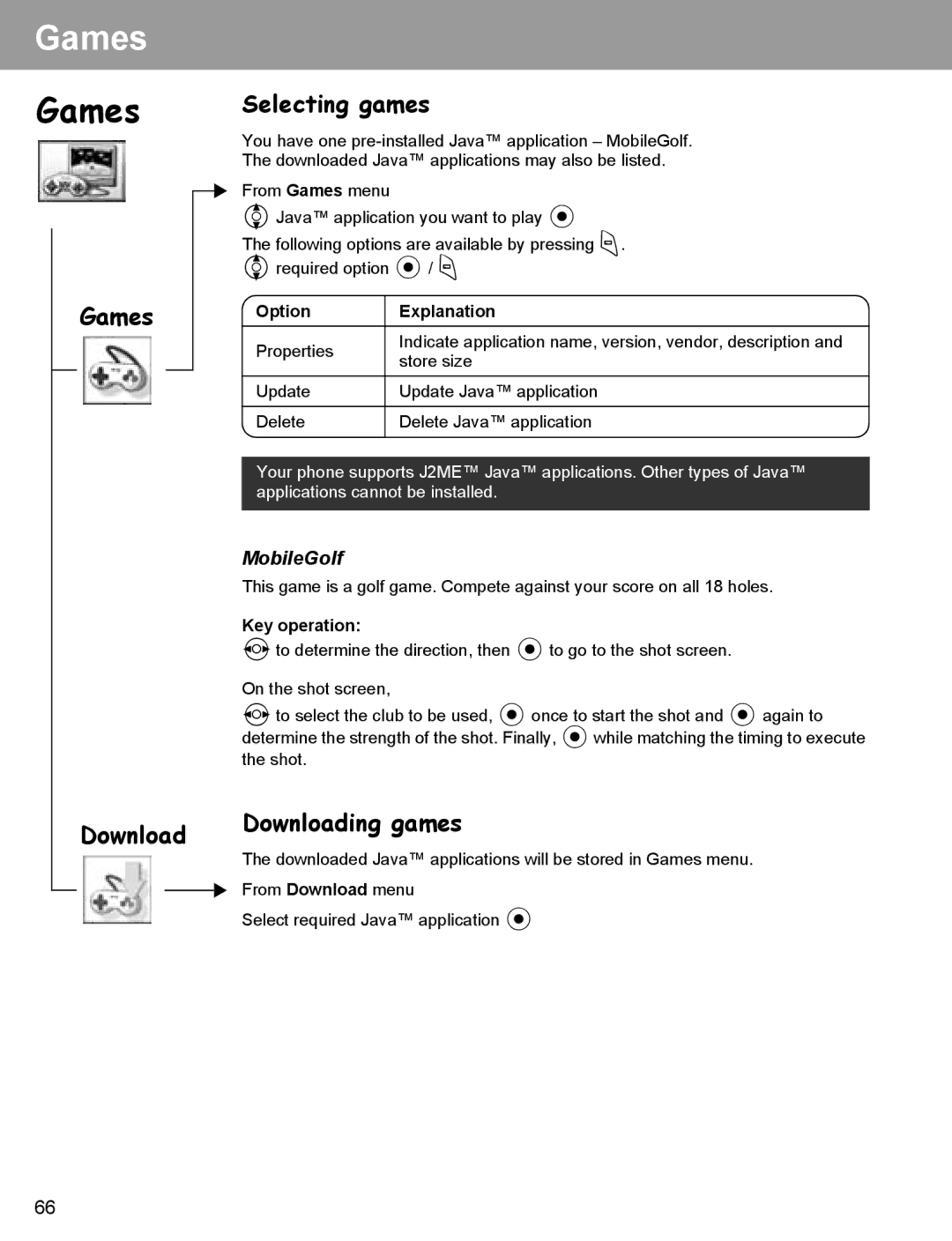 Panasonic EB-X400 operating instructions Games Selecting games, Download Downloading games, MobileGolf 