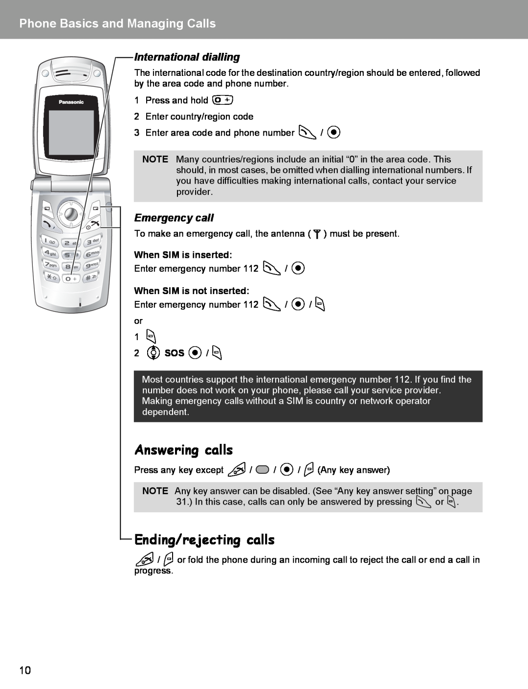 Panasonic EB-X400 Answering calls, Ending/rejecting calls, Phone Basics and Managing Calls, International dialling 