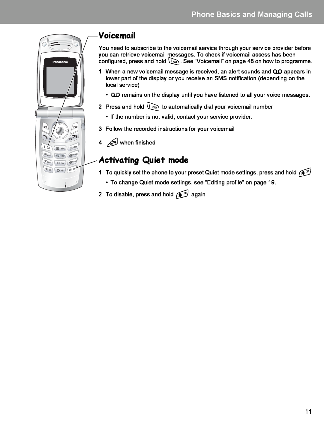 Panasonic EB-X400 operating instructions Voicemail, Activating Quiet mode, Phone Basics and Managing Calls 
