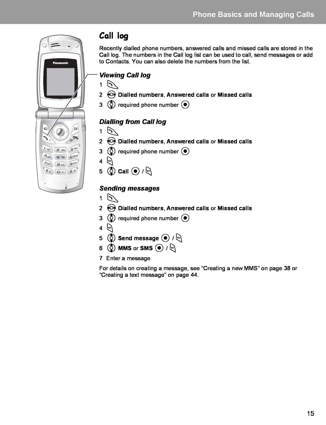 Panasonic EB-X400 Viewing Call log, Dialling from Call log, Sending messages, 5 4Send message / A 