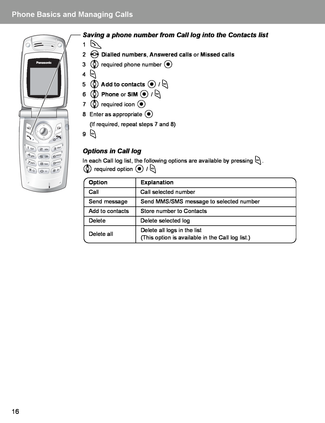 Panasonic EB-X400 Saving a phone number from Call log into the Contacts list, Options in Call log, Explanation 