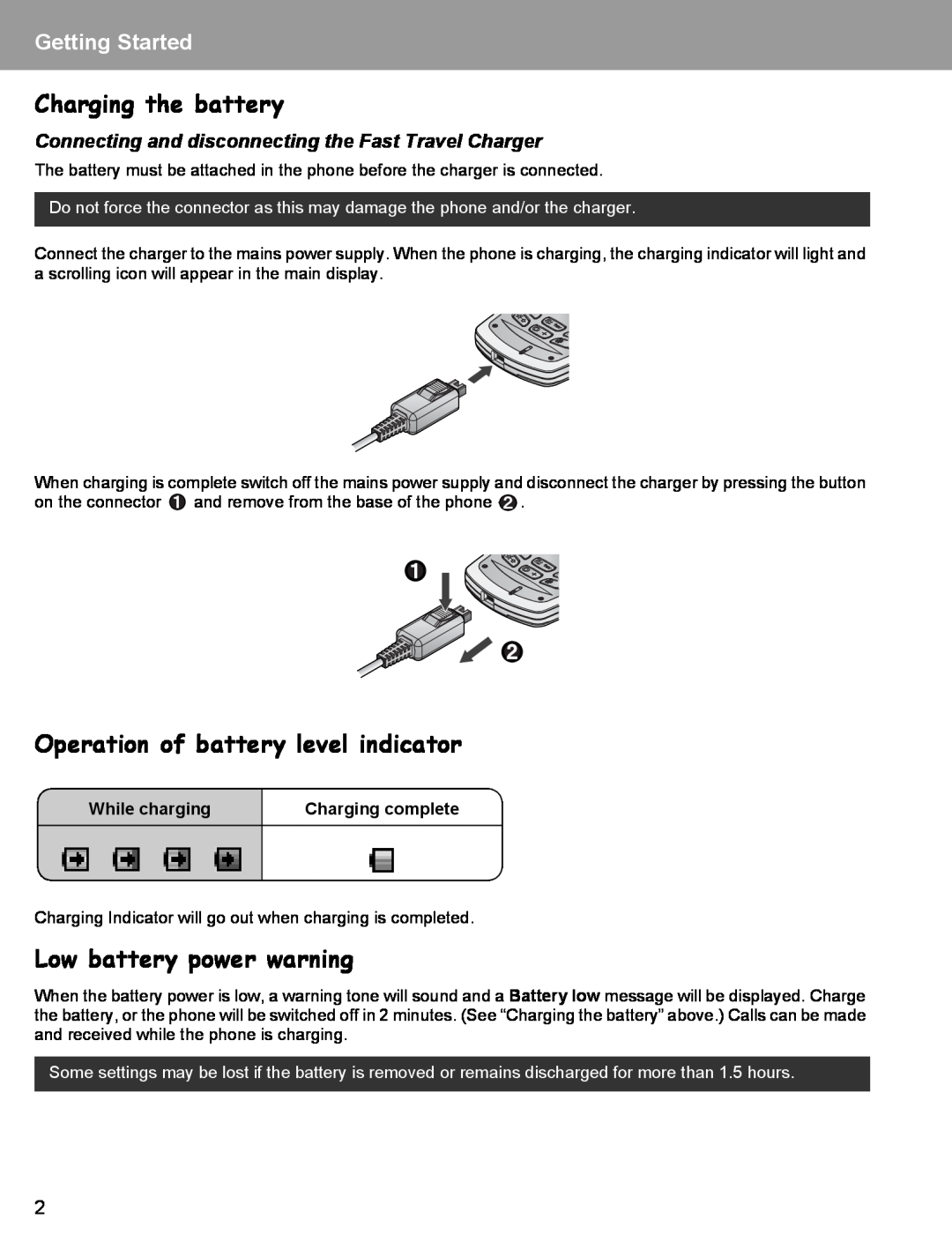 Panasonic EB-X400 Charging the battery, Operation of battery level indicator, Low battery power warning, Getting Started 