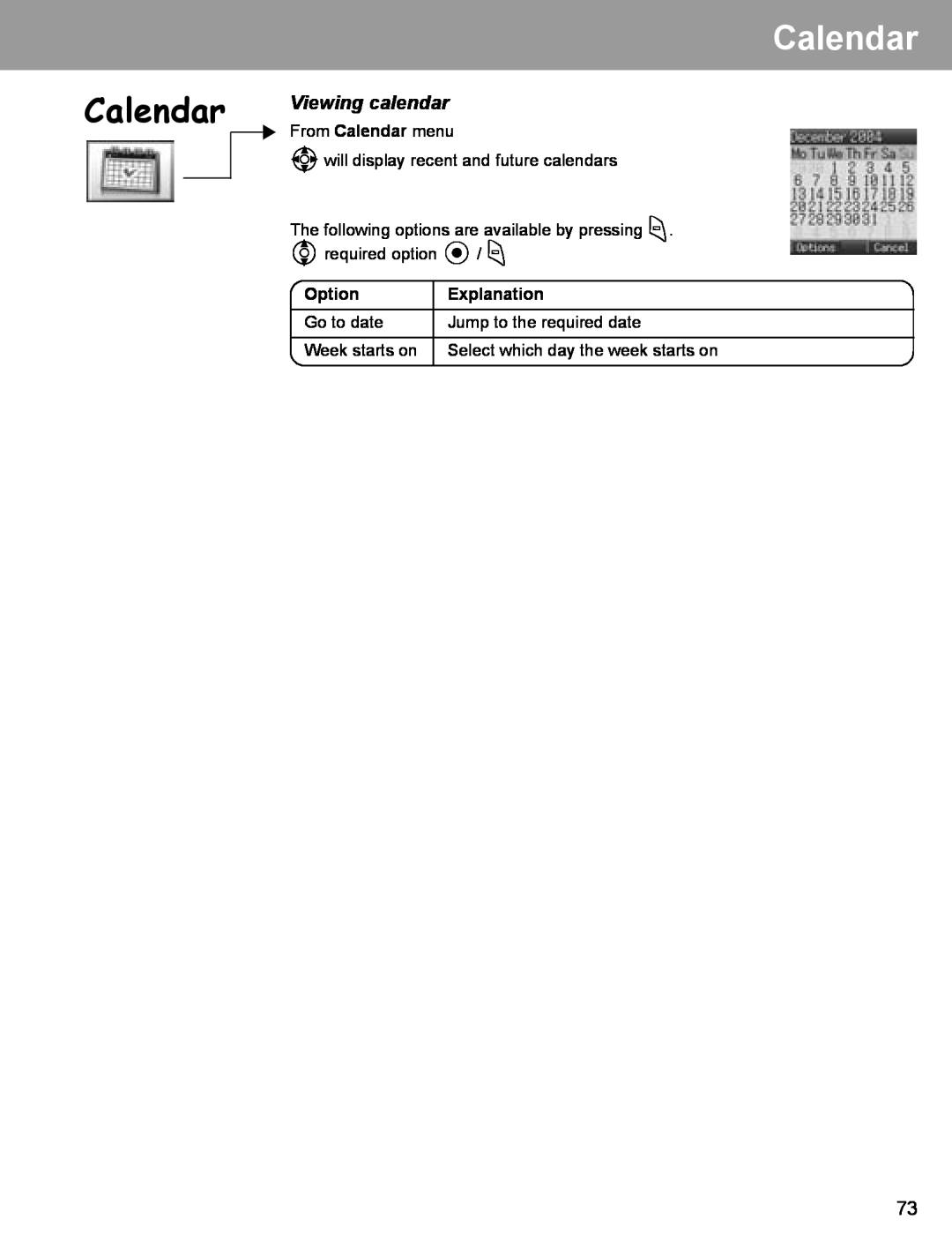 Panasonic EB-X400 operating instructions Viewing calendar, Option, Explanation, From Calendar menu 