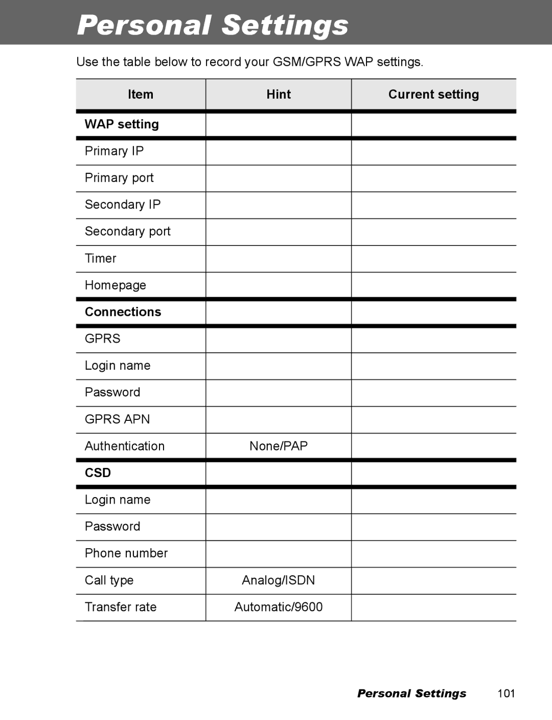 Panasonic EB-X500 operating instructions Personal Settings, Hint Current setting WAP setting, Connections 