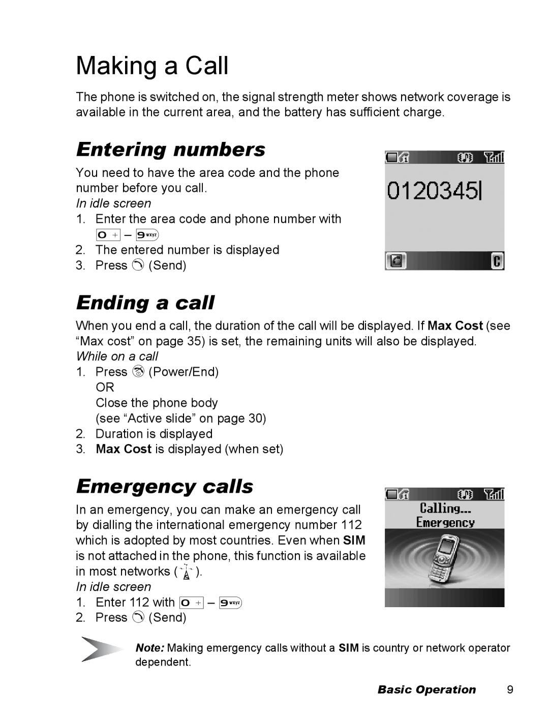 Panasonic EB-X500 operating instructions Making a Call, Entering numbers, Ending a call, Emergency calls, Idle screen 