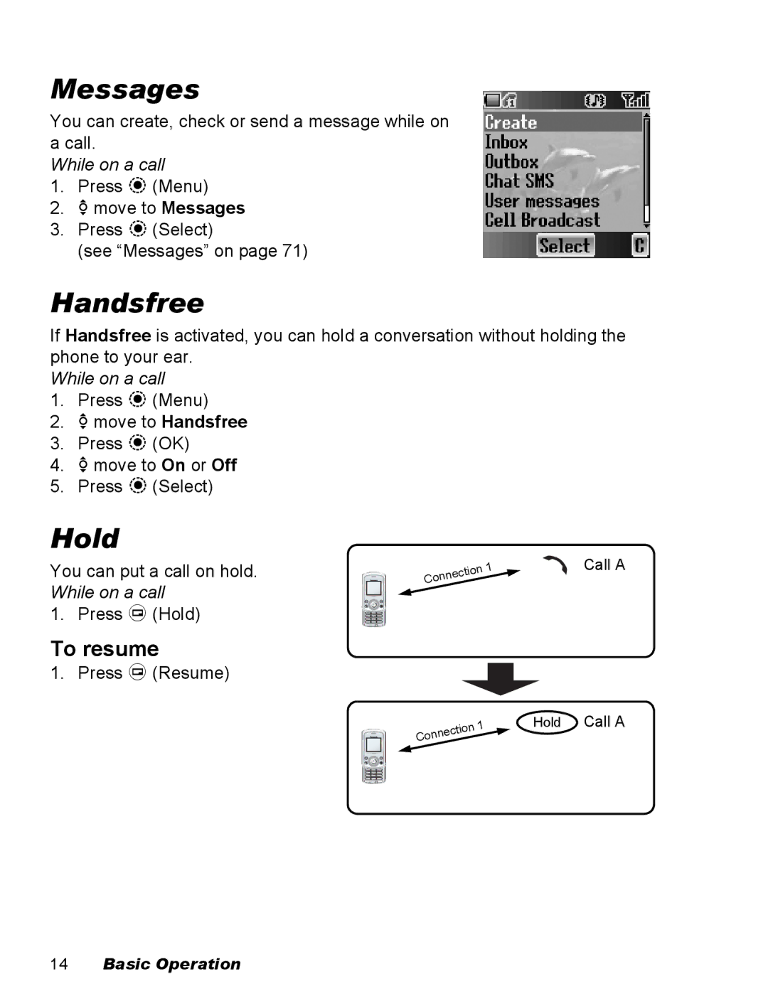 Panasonic EB-X500 operating instructions Messages, Handsfree, Hold, To resume 