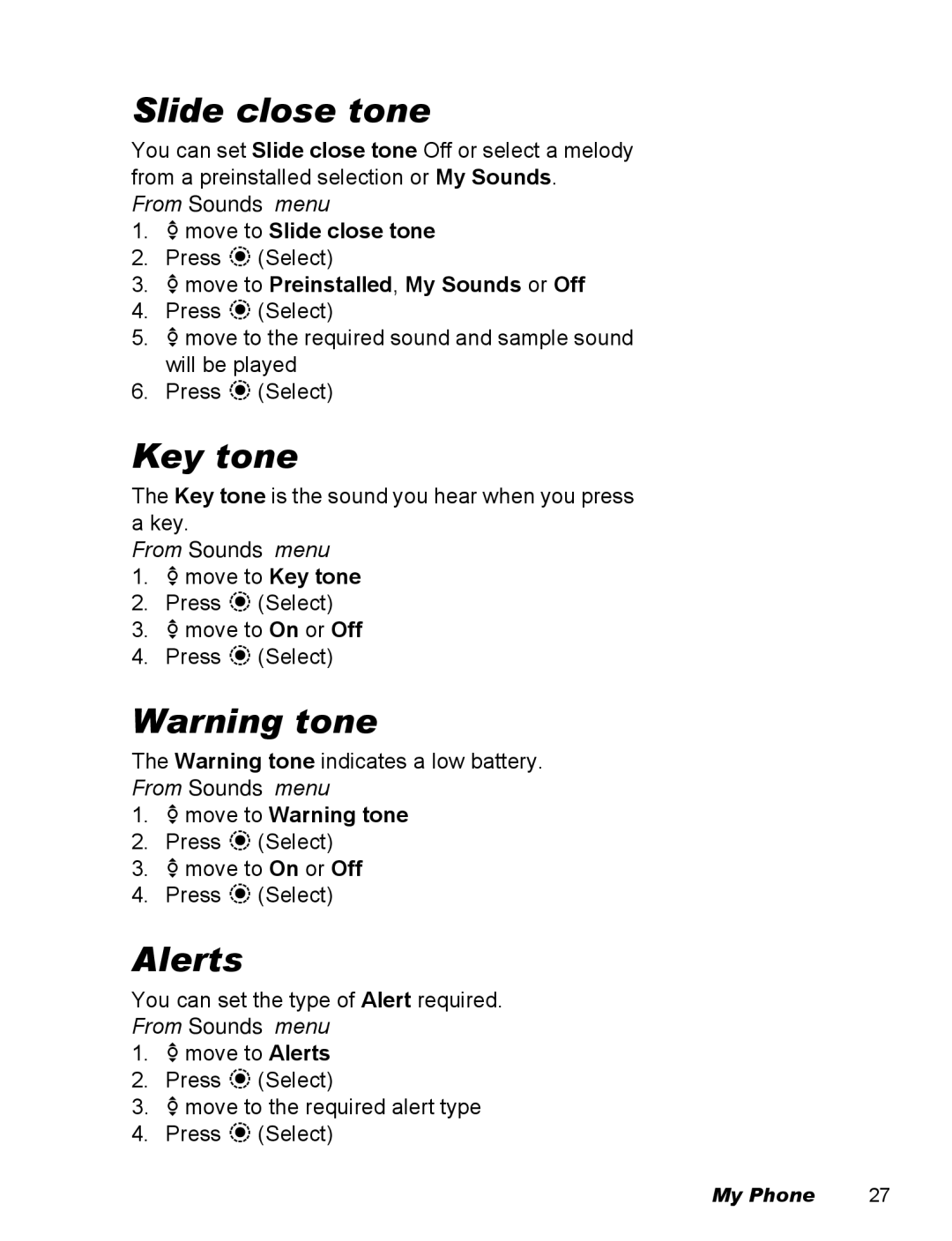 Panasonic EB-X500 operating instructions Key tone, Alerts, 4move to Slide close tone, 4move to Warning tone 