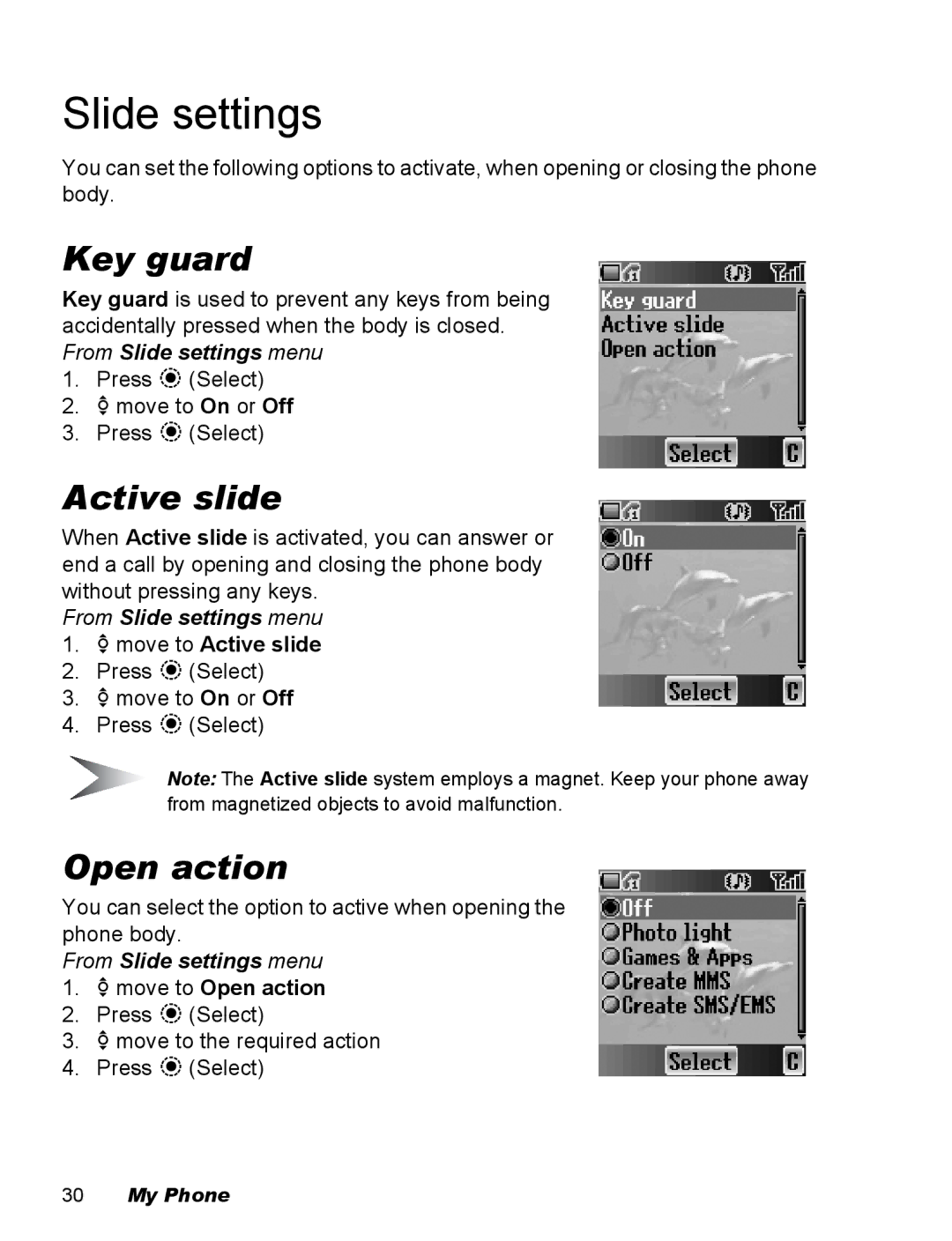 Panasonic EB-X500 operating instructions Key guard, Active slide, Open action, From Slide settings menu 