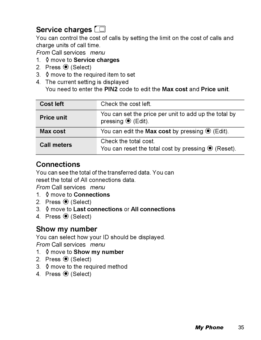 Panasonic EB-X500 operating instructions Service charges E, Connections, Show my number 