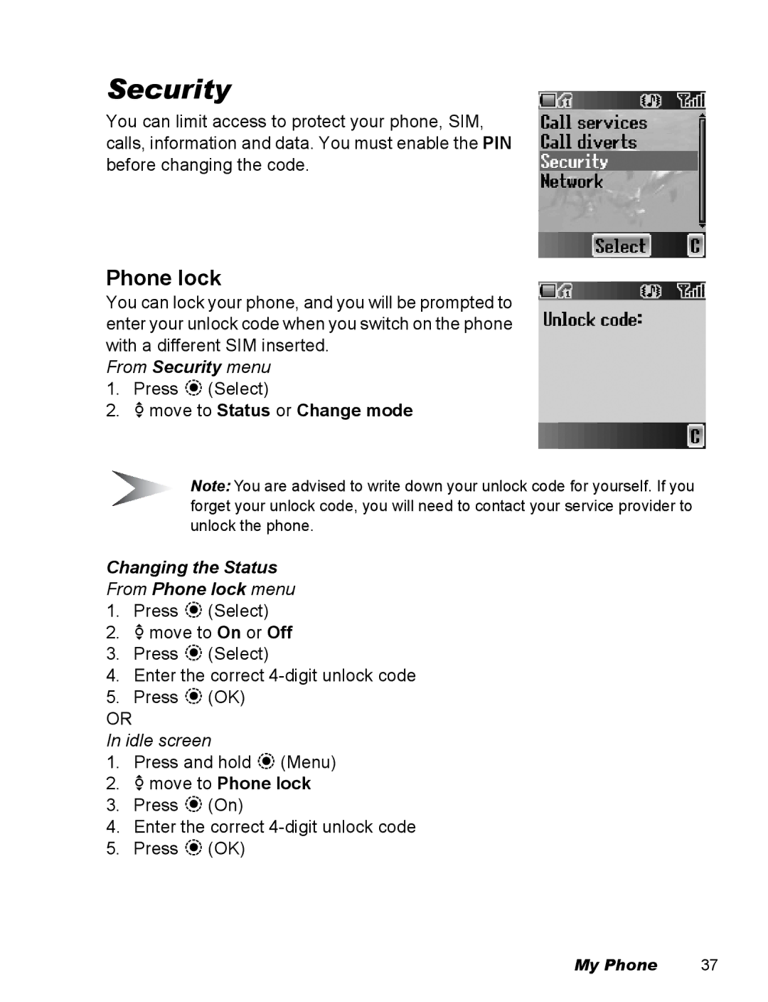 Panasonic EB-X500 Security, 4move to Status or Change mode, Changing the Status From Phone lock menu 