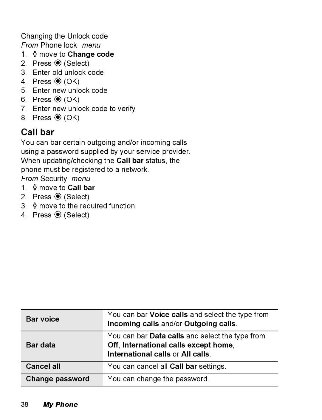 Panasonic EB-X500 operating instructions Call bar, Changing the Unlock code From Phone lock menu, 4move to Change code 