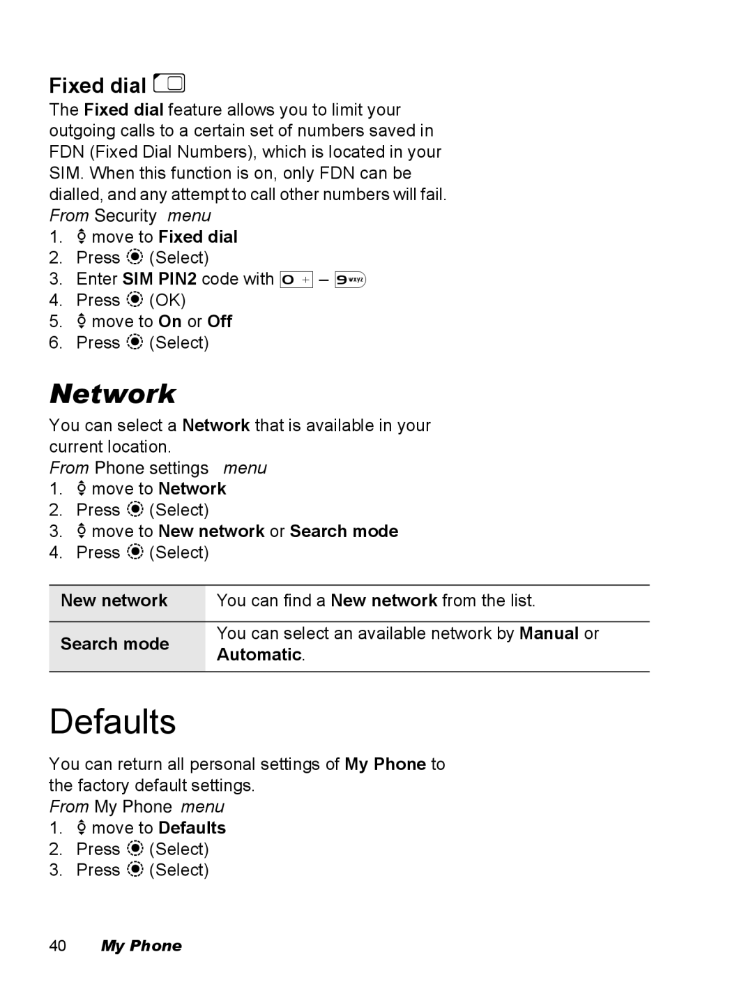 Panasonic EB-X500 Defaults, Network, Fixed dial E, 4move to Fixed dial, 4move to New network or Search mode 