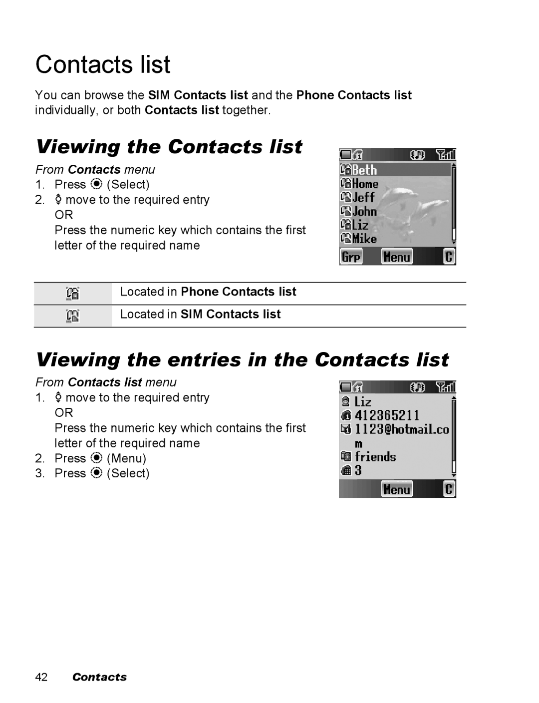 Panasonic EB-X500 Viewing the Contacts list, Viewing the entries in the Contacts list, From Contacts list menu 