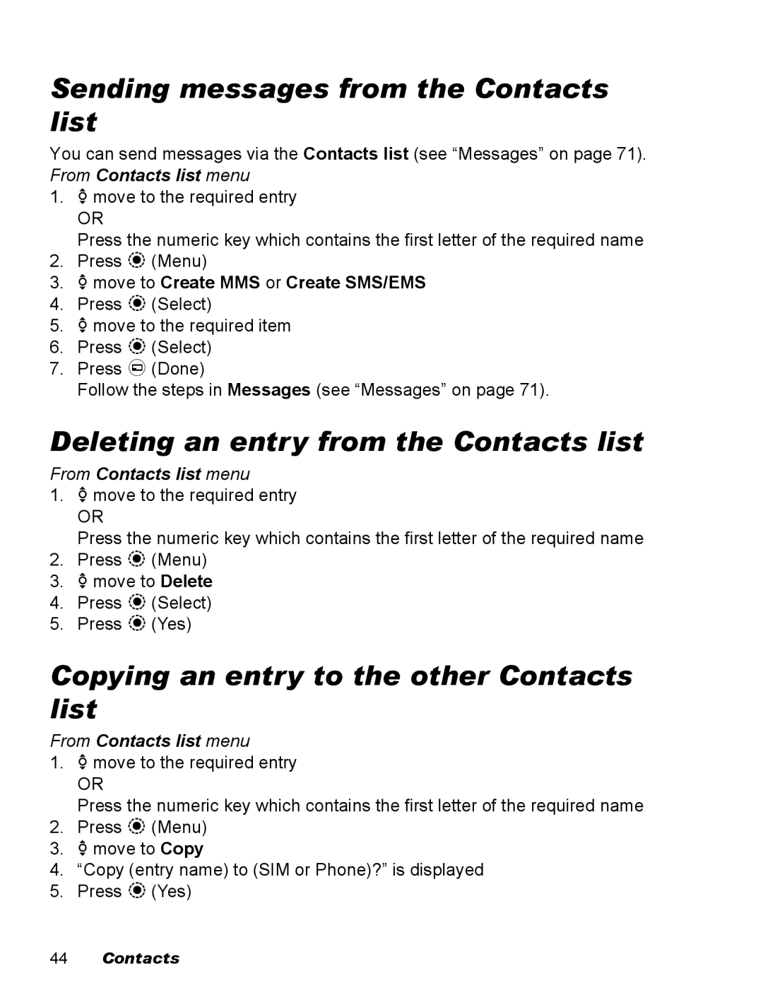 Panasonic EB-X500 operating instructions Sending messages from the Contacts list, Deleting an entry from the Contacts list 