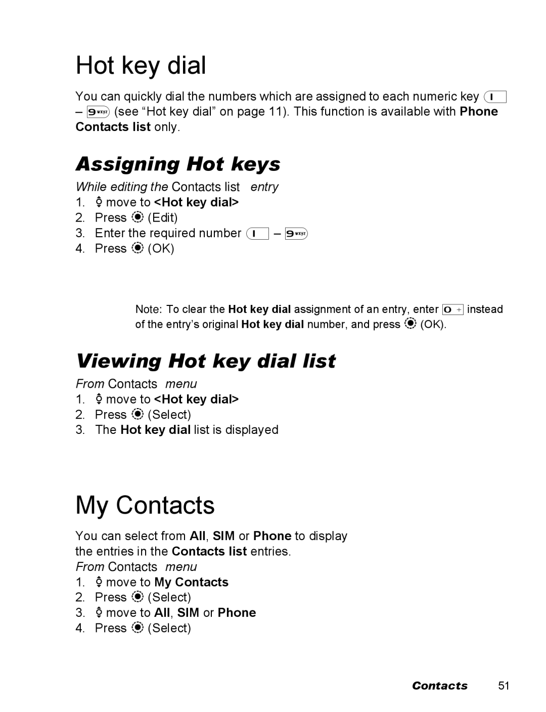 Panasonic EB-X500 operating instructions My Contacts, Assigning Hot keys, Viewing Hot key dial list 