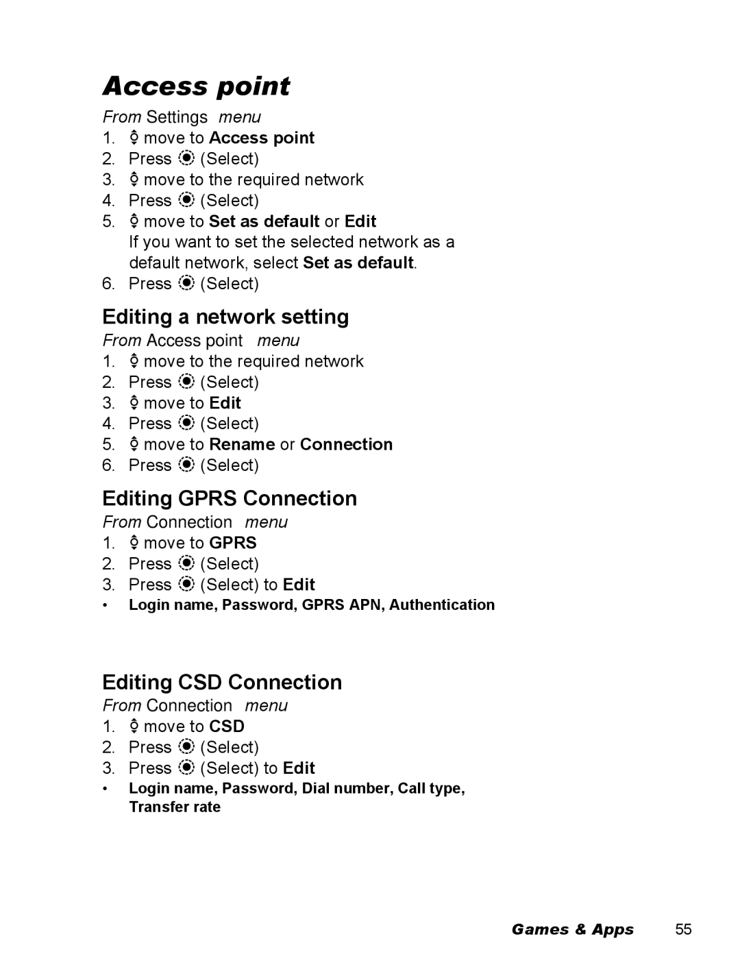 Panasonic EB-X500 Access point, Editing a network setting, Editing Gprs Connection, Editing CSD Connection 