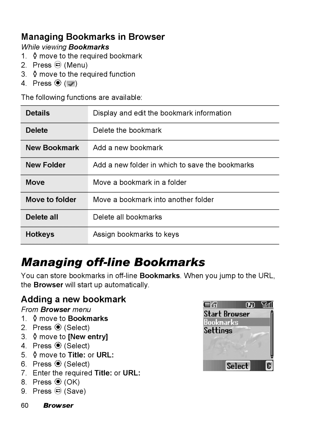 Panasonic EB-X500 operating instructions Managing off-line Bookmarks, Managing Bookmarks in Browser, Adding a new bookmark 