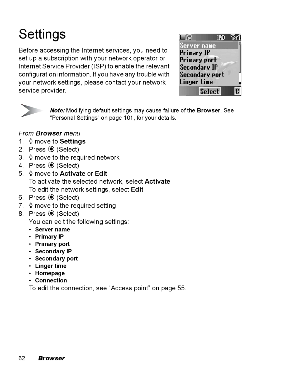 Panasonic EB-X500 operating instructions Settings, 4move to Activate or Edit 