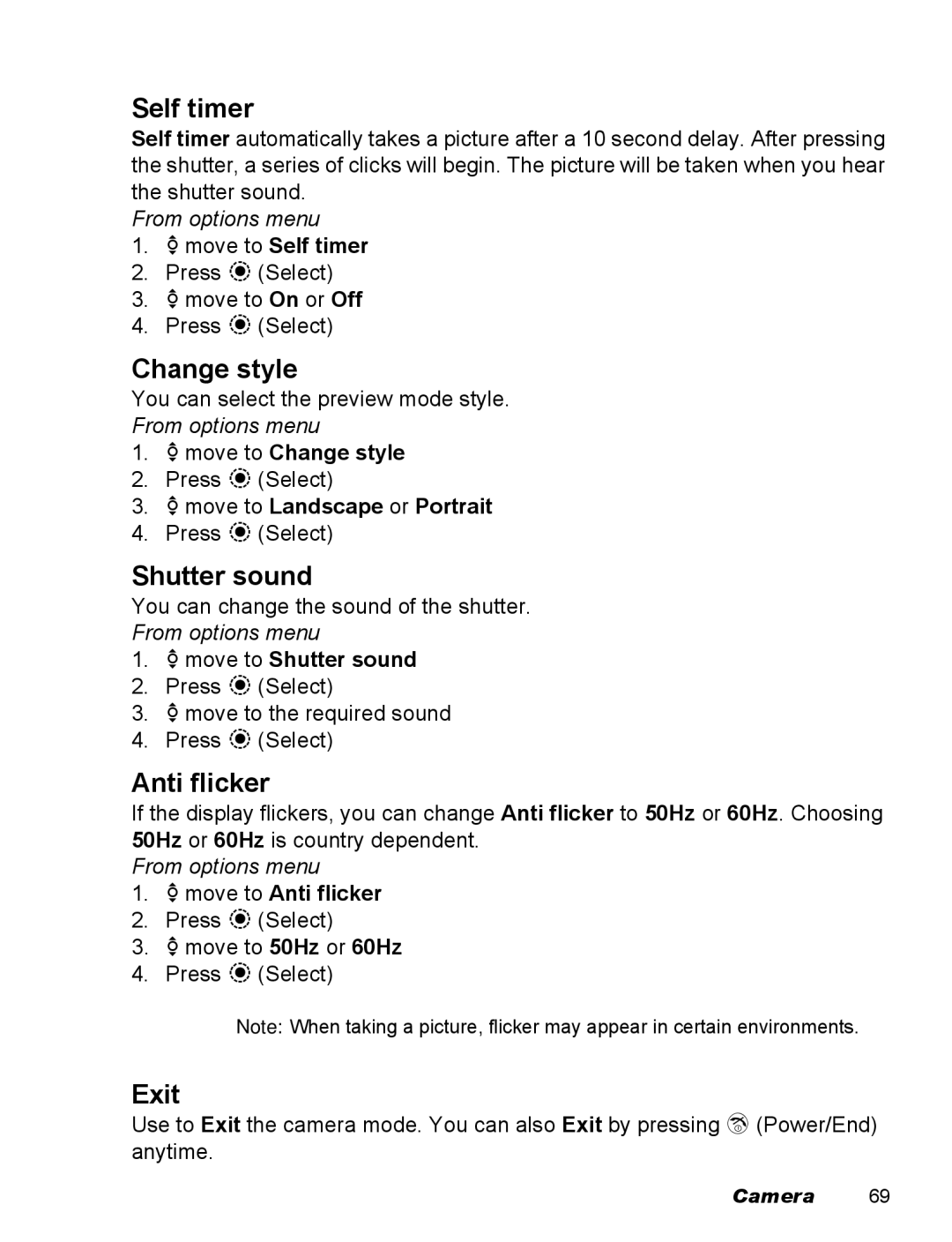 Panasonic EB-X500 operating instructions Self timer, Change style, Shutter sound, Anti flicker, Exit 