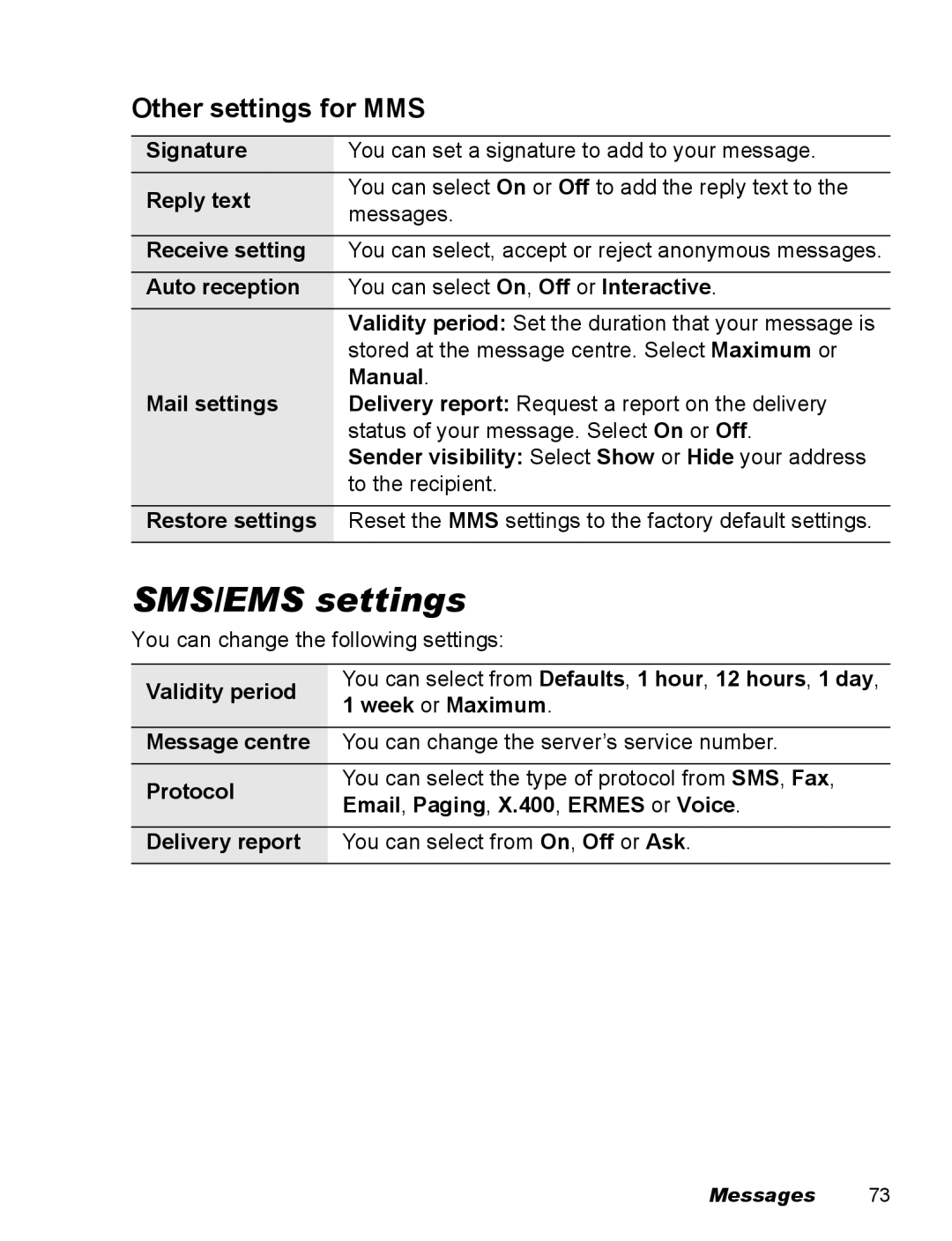 Panasonic EB-X500 operating instructions SMS/EMS settings, Other settings for MMS 