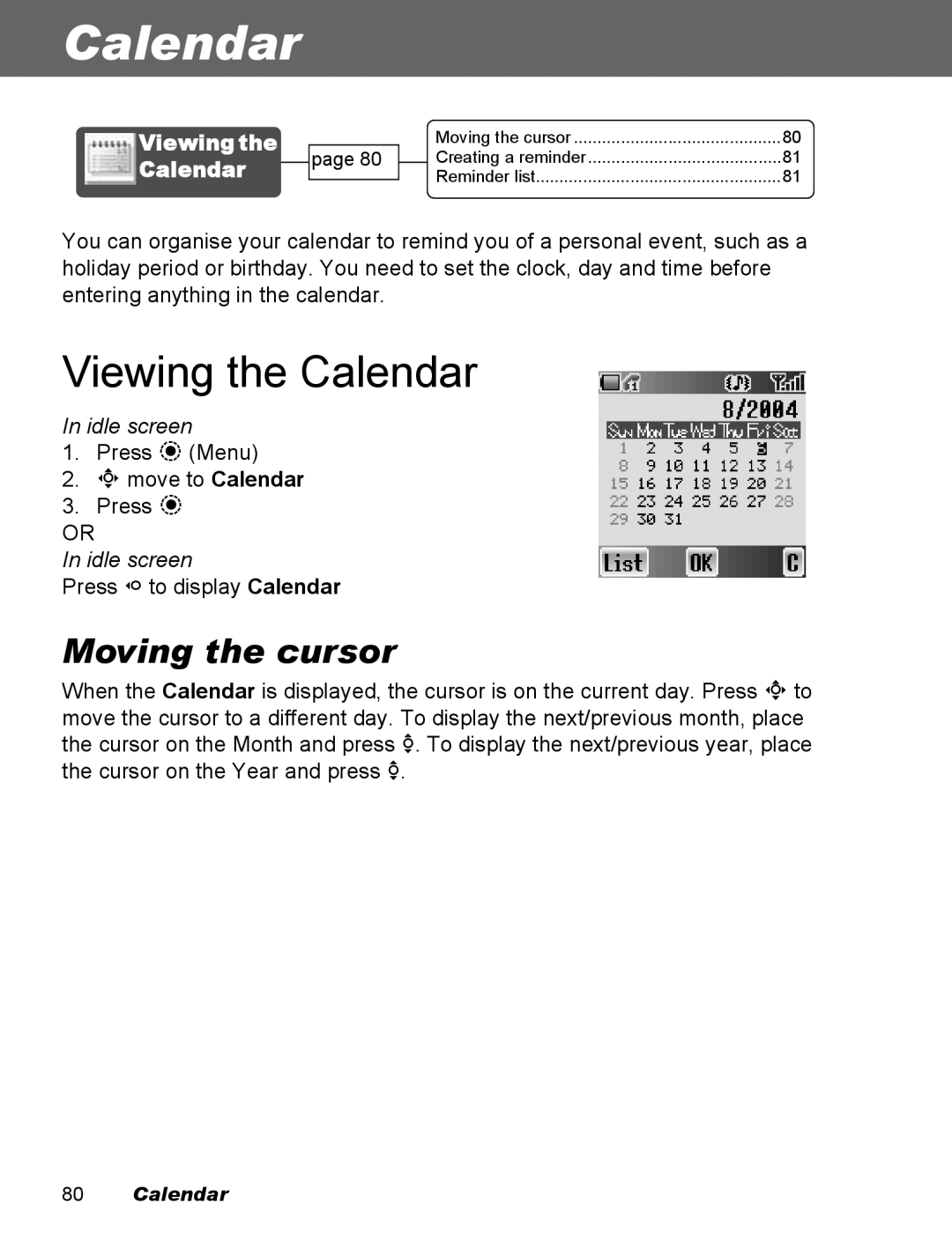 Panasonic EB-X500 operating instructions Viewing the Calendar, Moving the cursor 