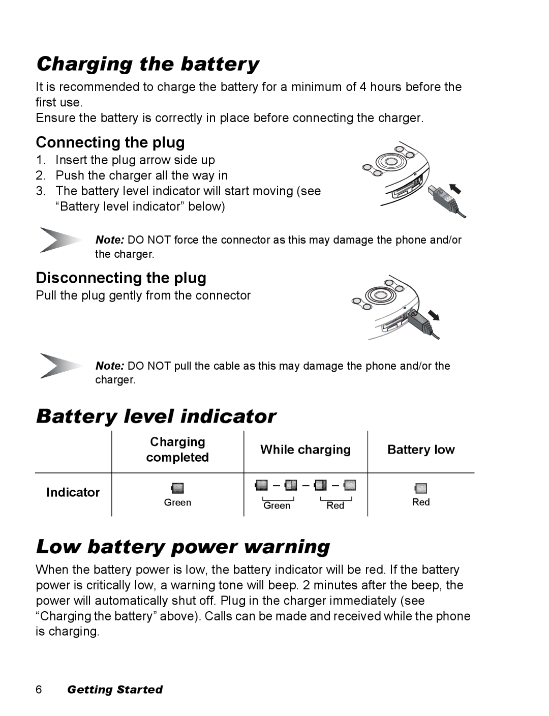 Panasonic EB-X500 Charging the battery, Battery level indicator, Low battery power warning, Connecting the plug 