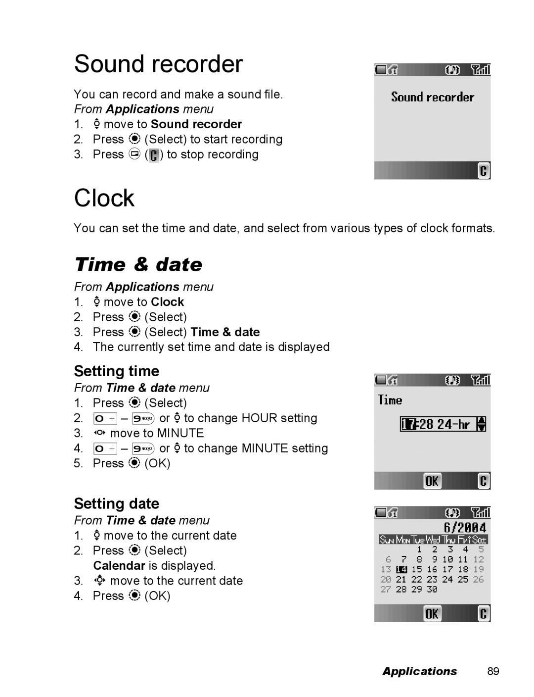 Panasonic EB-X500 operating instructions Sound recorder, Clock, Time & date, Setting time, Setting date 