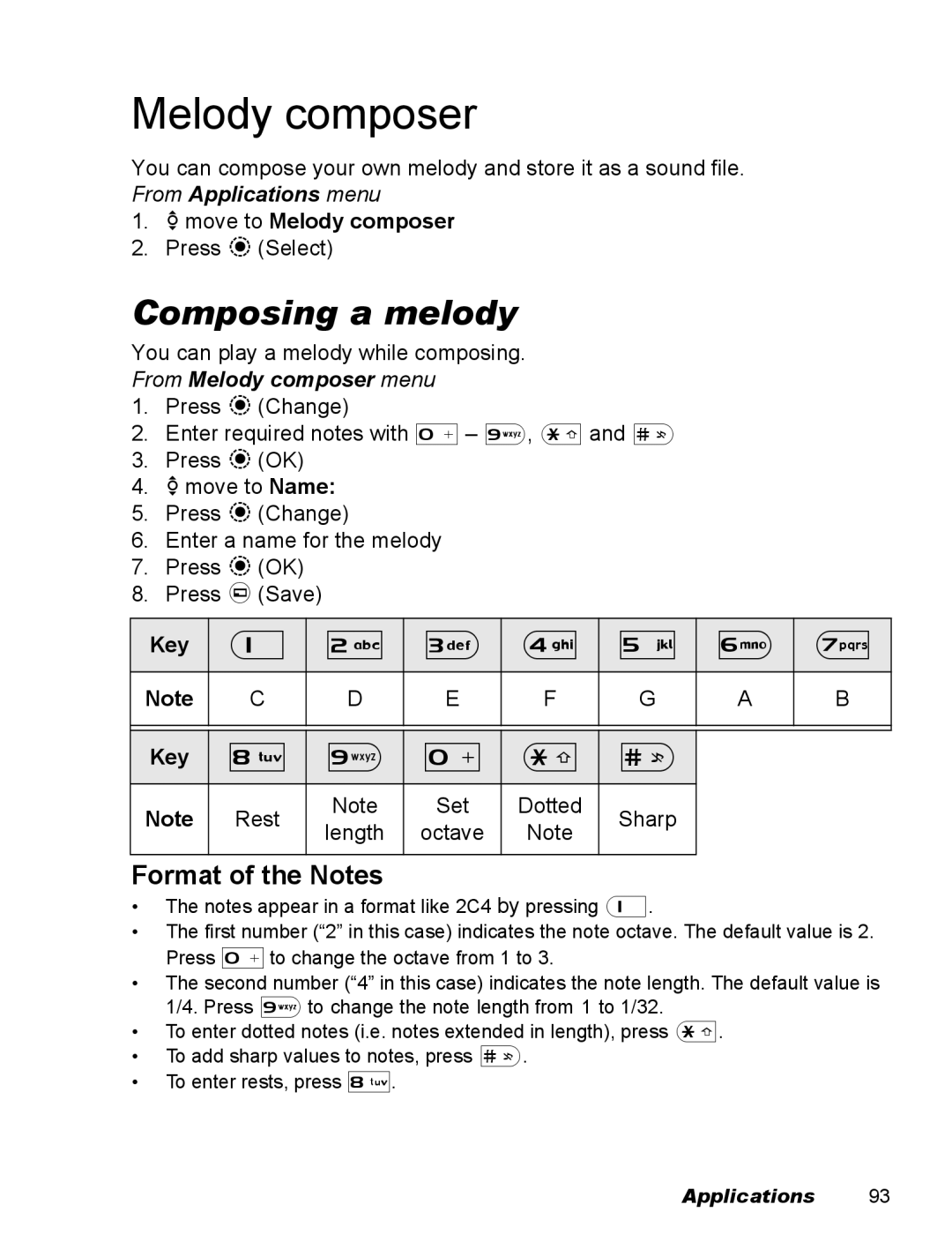 Panasonic EB-X500 operating instructions Composing a melody, Format of the Notes, From Melody composer menu 