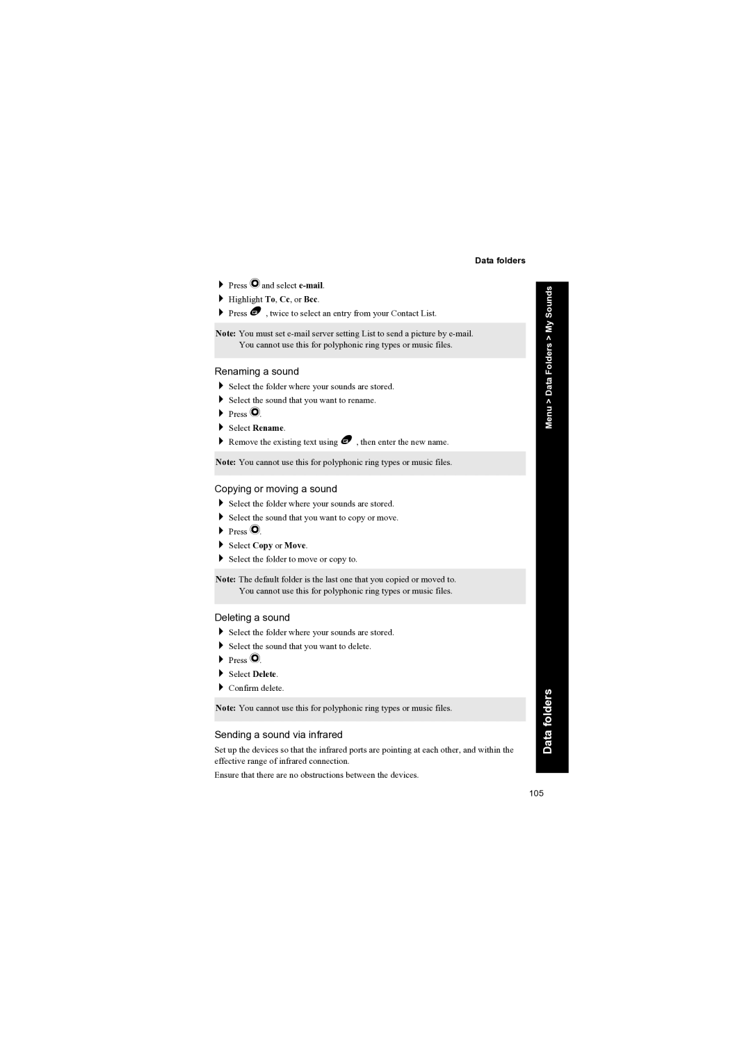 Panasonic EB-X70 manual Renaming a sound, Copying or moving a sound, Deleting a sound, Sending a sound via infrared 